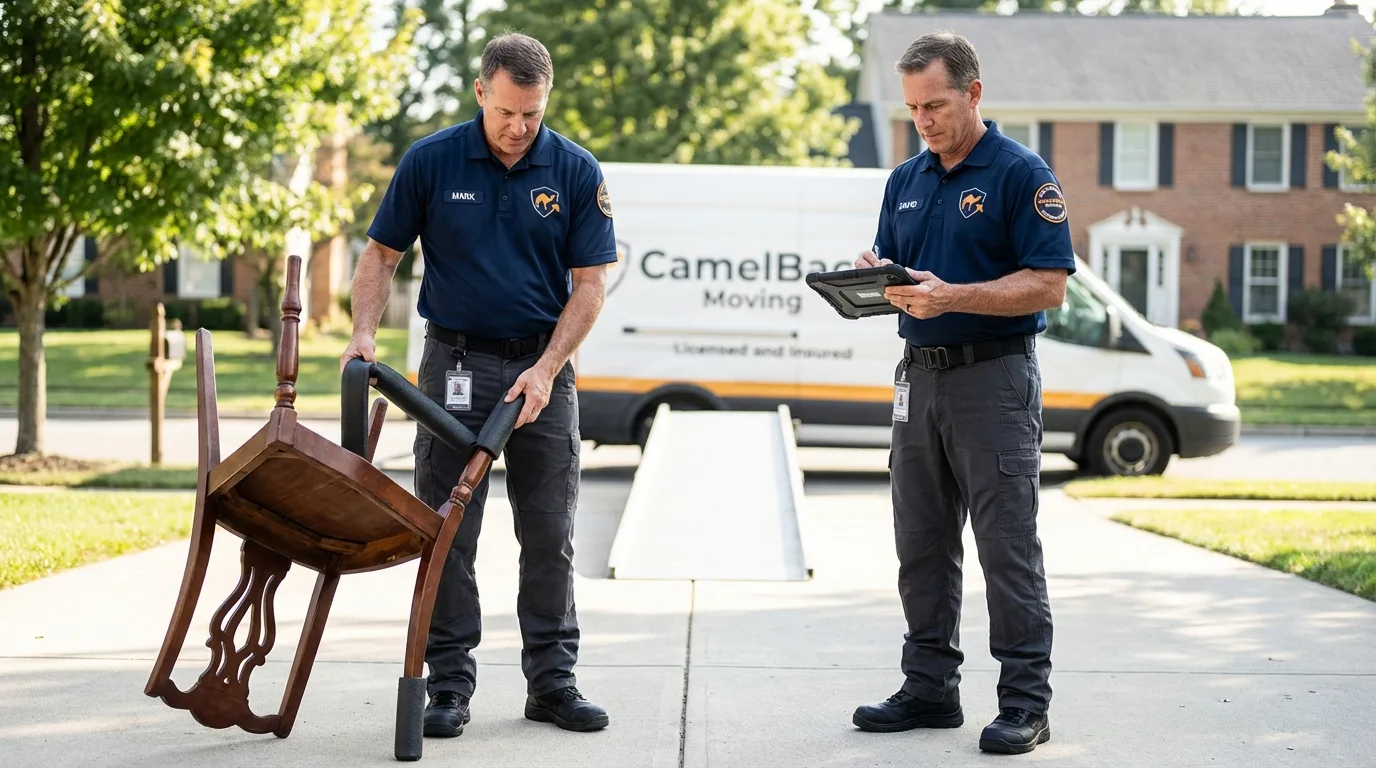Movers inspecting furniture for damage prevention before loading in Duenweg, MO